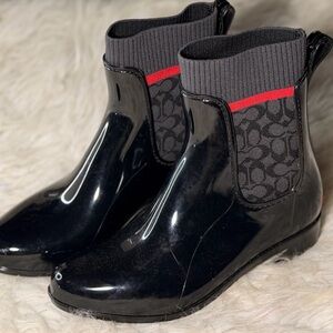 Coach Black Glossy Rain Boots with Red Stripe